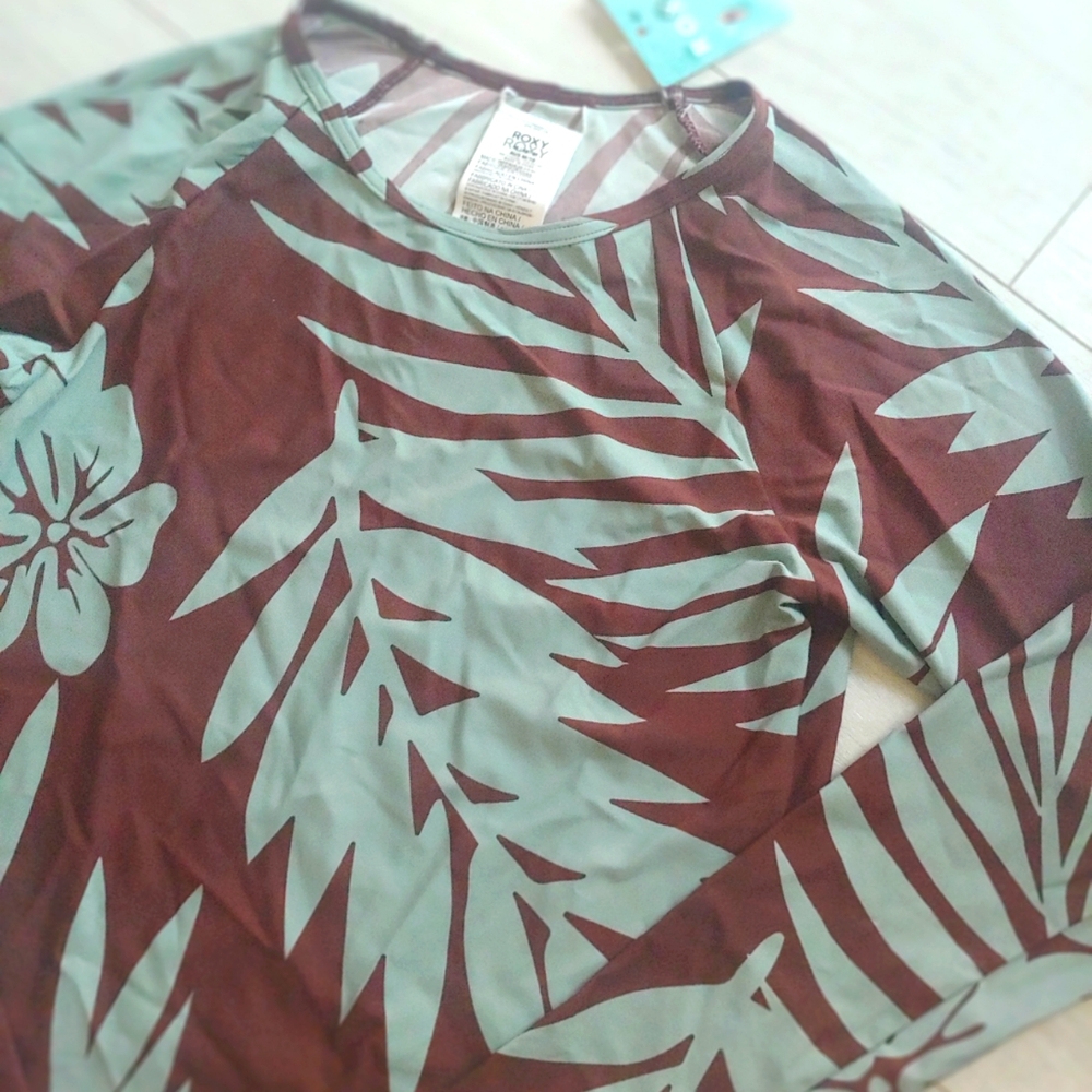 ROXY NEW Crop Top Rashguard Chocolate Palmeria - Picture 3 of 11